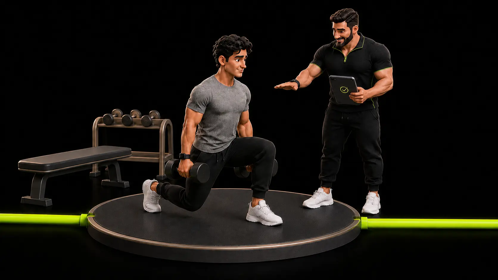 A trainer coaching a member beside the bench and dumbbells already on their gym floor