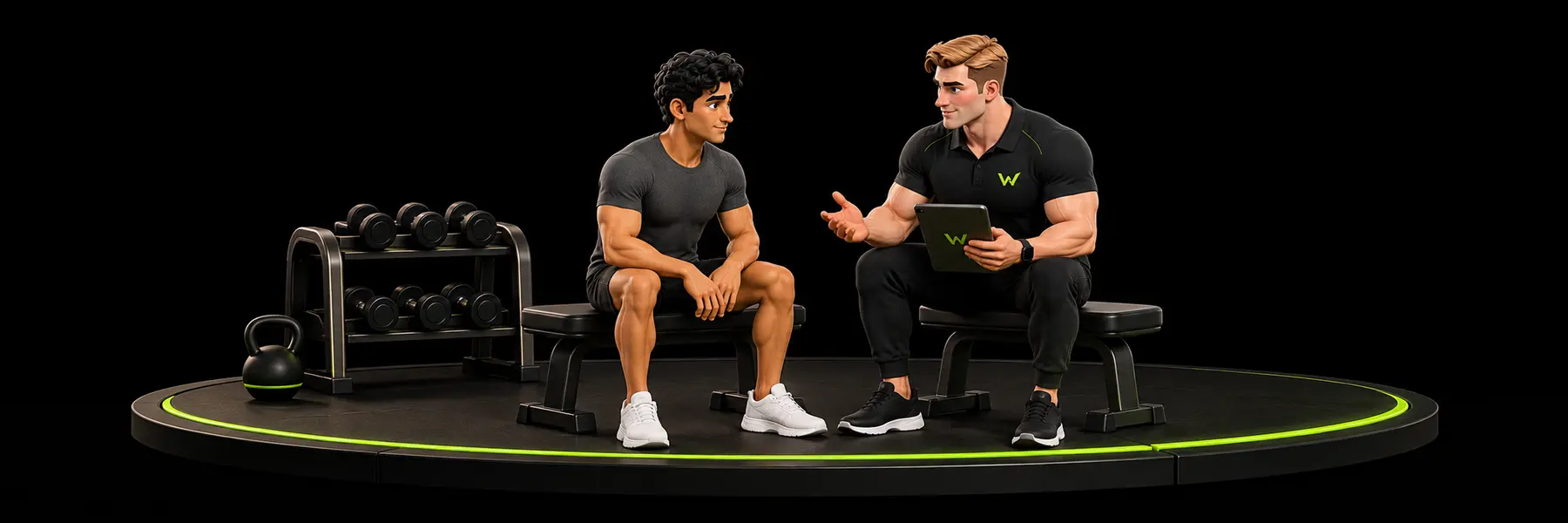 A Welofit trainer listening to a member beside the equipment on their gym floor